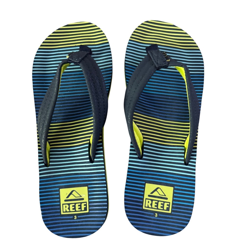 Reef Kids Ahi Flip Flops Blue Lime Green Striped Thong Sandals Size 3 Kids NWOT